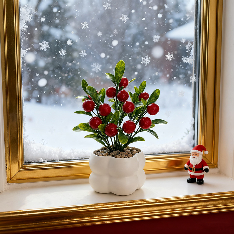 Planta în ghiveci cu fructe artificiale, grilaj pătrat – decor interior