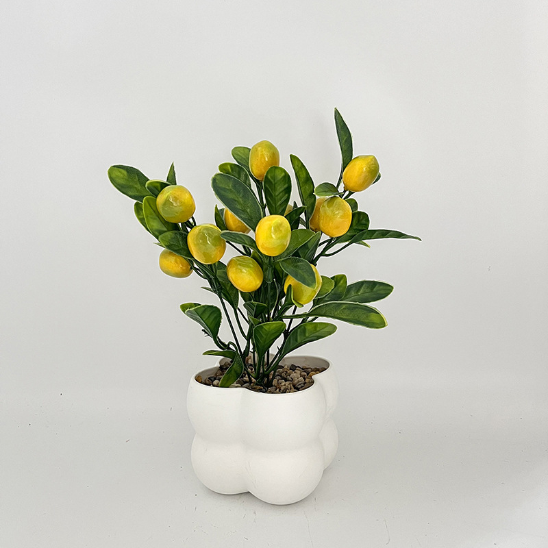 Planta în ghiveci cu fructe artificiale, grilaj pătrat – decor interior