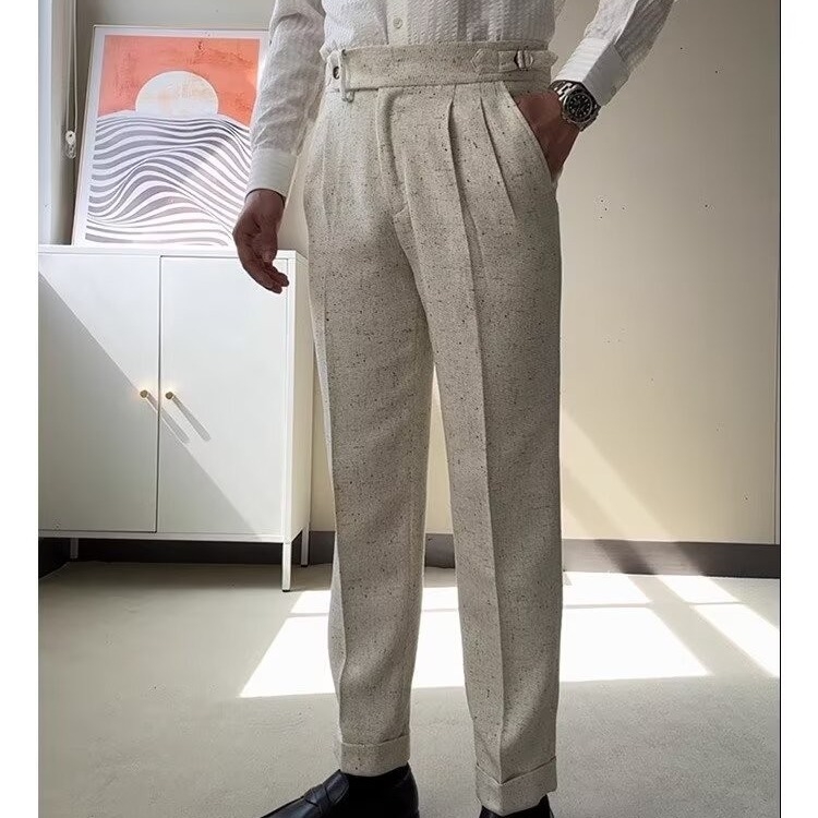 Pantaloni bărbați cu talie înaltă, croială dreaptă, casual, cu cădere a țesăturii, uni, stil costum, lungi, slim-fit