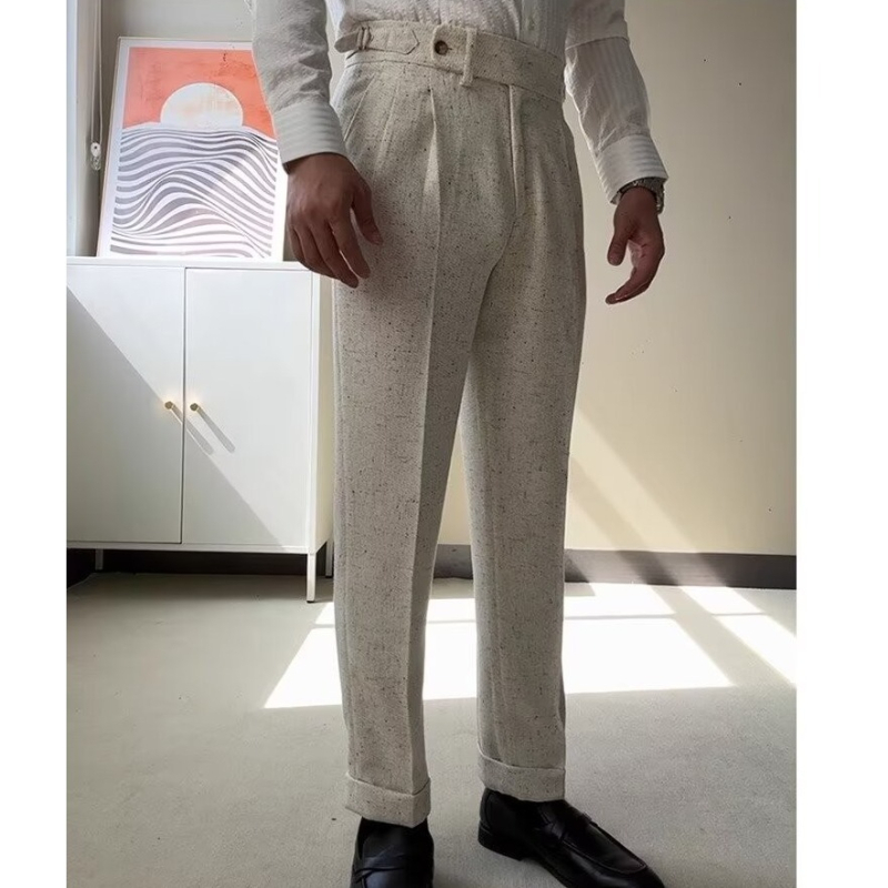 Pantaloni bărbați cu talie înaltă, croială dreaptă, casual, cu cădere a țesăturii, uni, stil costum, lungi, slim-fit