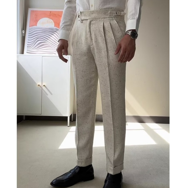 Pantaloni bărbați cu talie înaltă, croială dreaptă, casual, cu cădere a țesăturii, uni, stil costum, lungi, slim-fit