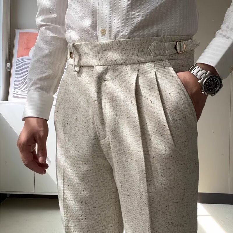 Pantaloni bărbați cu talie înaltă, croială dreaptă, casual, cu cădere a țesăturii, uni, stil costum, lungi, slim-fit