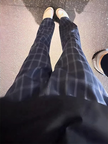 Pantaloni casual bărbați în carouri, albastru închis, vară, croială dreaptă, stil fitness