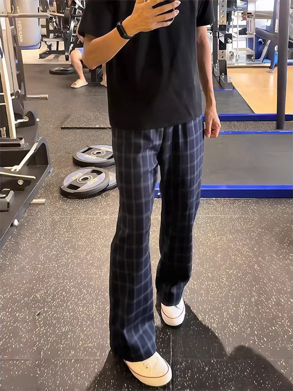 Pantaloni casual bărbați în carouri, albastru închis, vară, croială dreaptă, stil fitness