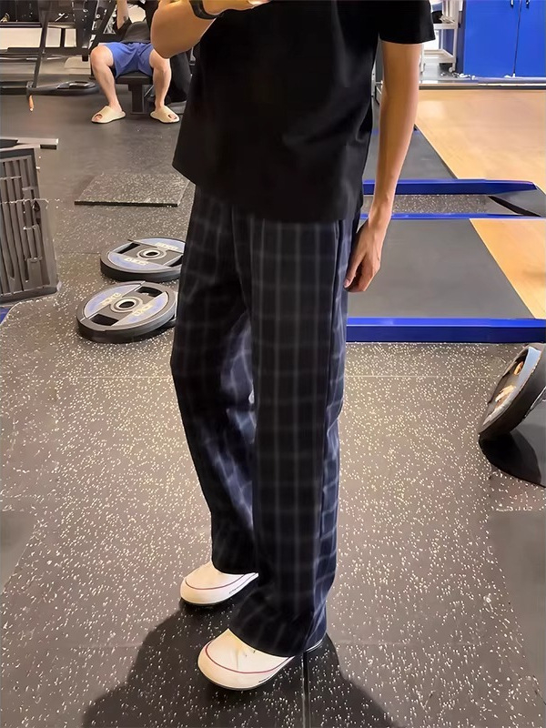 Pantaloni casual bărbați în carouri, albastru închis, vară, croială dreaptă, stil fitness