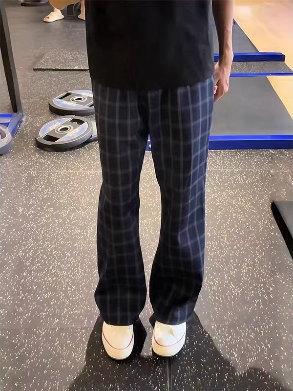 Pantaloni casual bărbați în carouri, albastru închis, vară, croială dreaptă, stil fitness