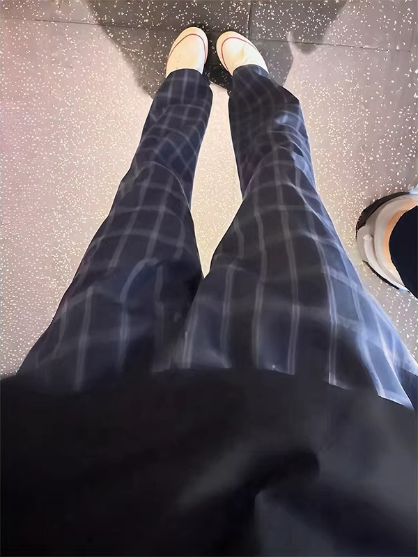Pantaloni casual bărbați în carouri, albastru închis, vară, croială dreaptă, stil fitness