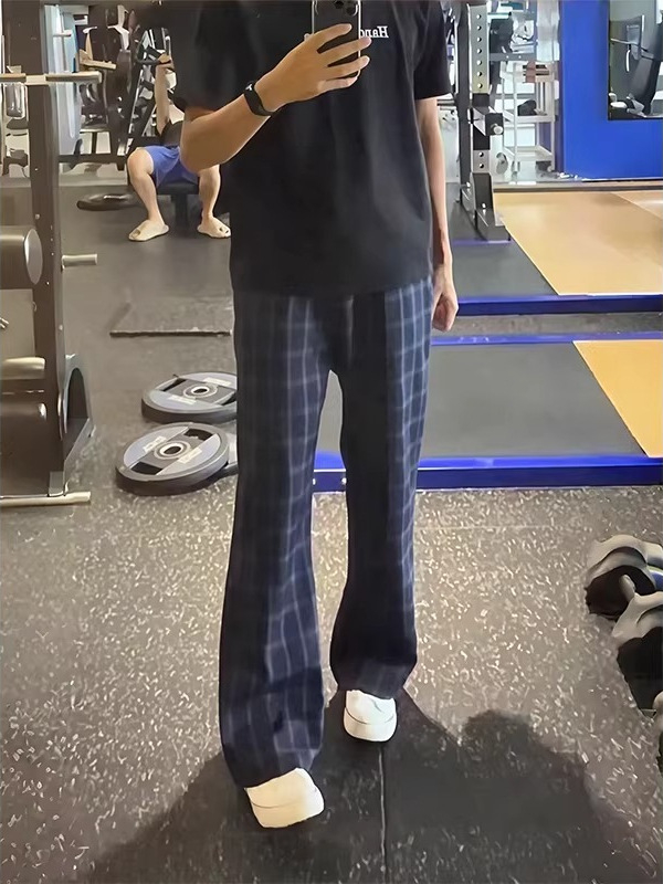 Pantaloni casual bărbați în carouri, albastru închis, vară, croială dreaptă, stil fitness