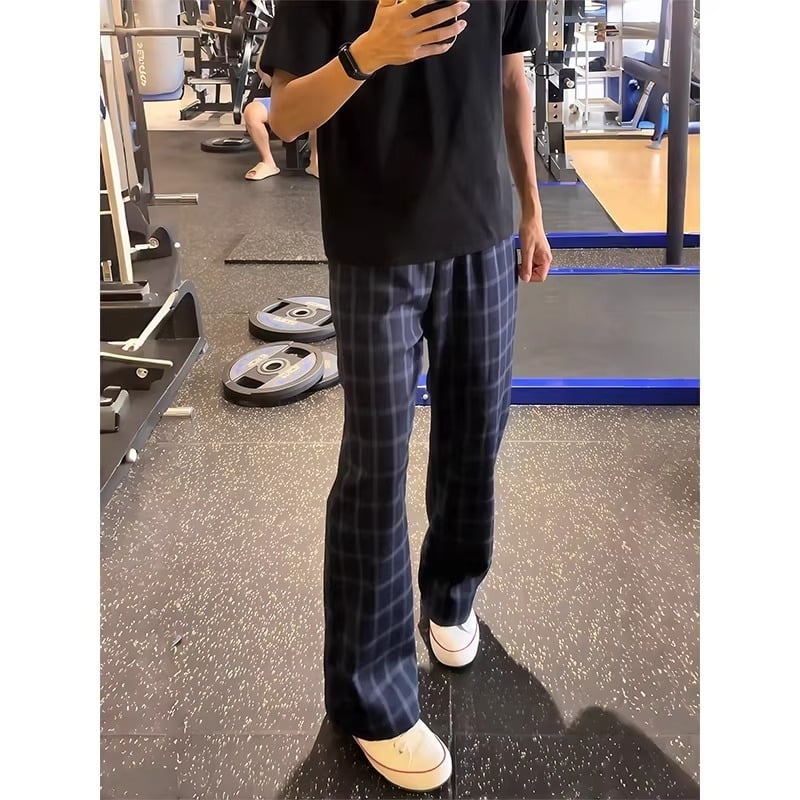 Pantaloni casual bărbați în carouri, albastru închis, vară, croială dreaptă, stil fitness