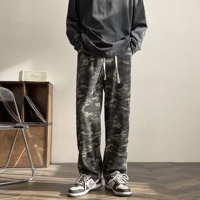 Pantaloni de lucru camuflați pentru bărbați, toamnă-iarnă, stil stradă american, croială dreaptă, picioare late, pantaloni casual sport