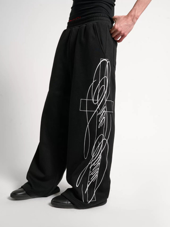Pantaloni negri pentru bărbați cu croială largă, broderie 3D, casual de vară, stil baggy