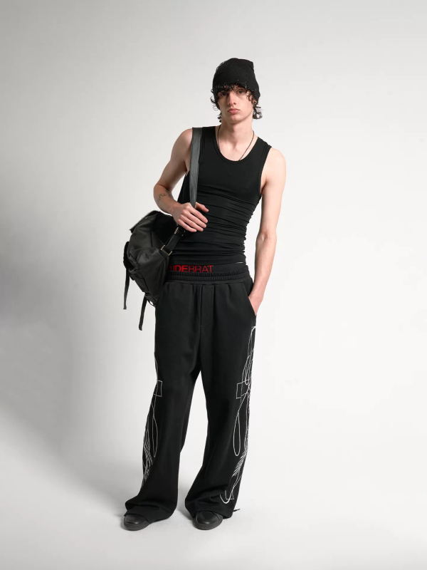 Pantaloni negri pentru bărbați cu croială largă, broderie 3D, casual de vară, stil baggy