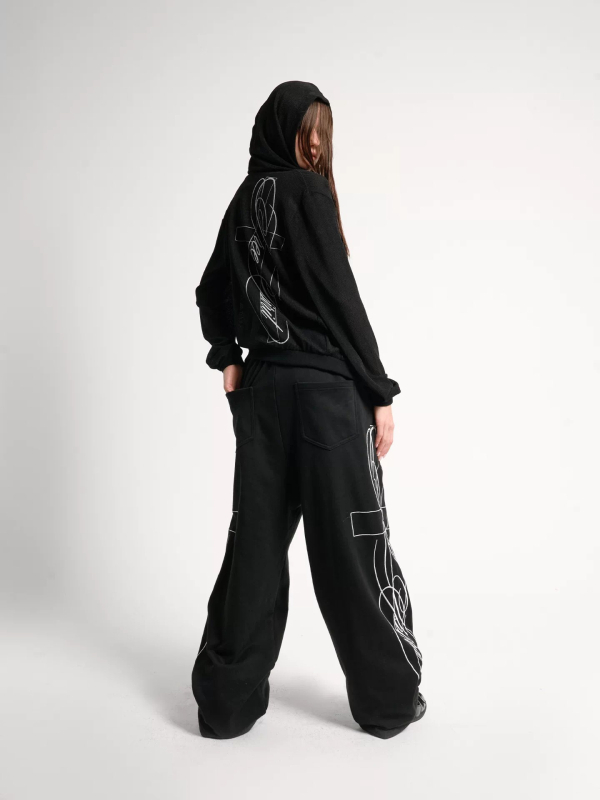 Pantaloni negri pentru bărbați cu croială largă, broderie 3D, casual de vară, stil baggy