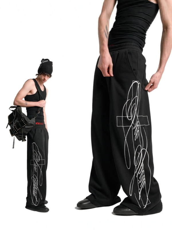 Pantaloni negri pentru bărbați cu croială largă, broderie 3D, casual de vară, stil baggy