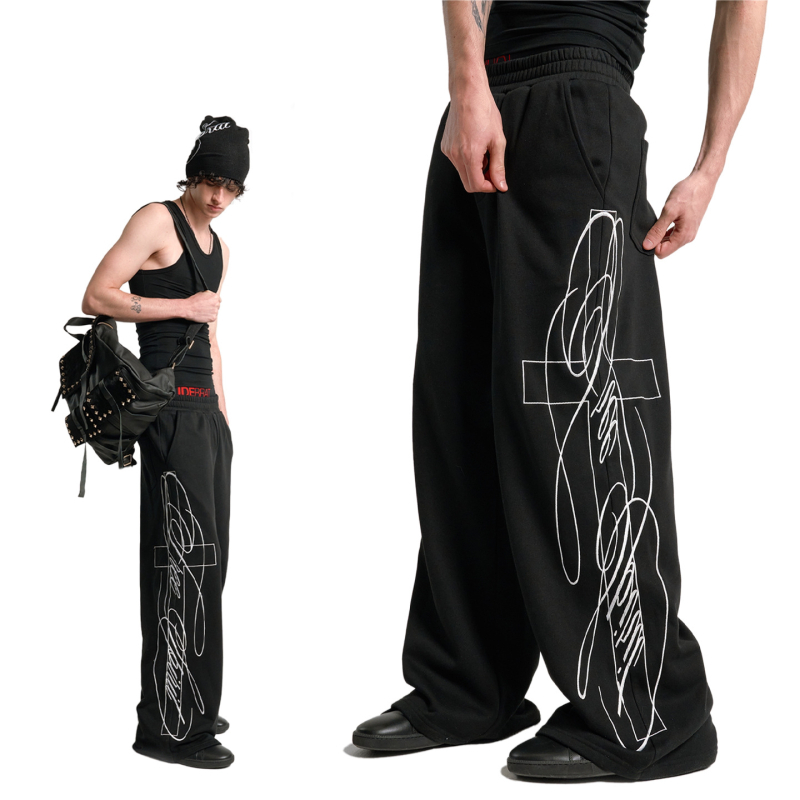Pantaloni negri pentru bărbați cu croială largă, broderie 3D, casual de vară, stil baggy