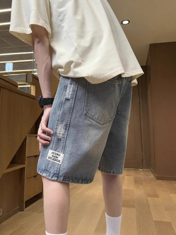 Șorturi denim bărbați 2025 vară, subțiri, uzate, lungime medie, croială lejeră, drept