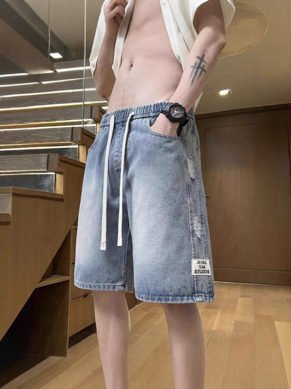 Șorturi denim bărbați 2025 vară, subțiri, uzate, lungime medie, croială lejeră, drept