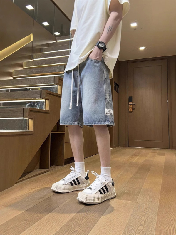 Șorturi denim bărbați 2025 vară, subțiri, uzate, lungime medie, croială lejeră, drept