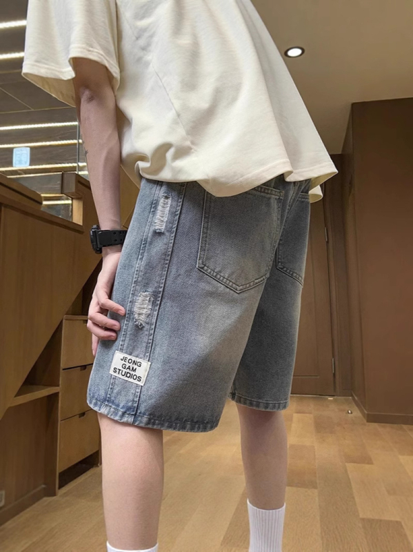 Șorturi denim bărbați 2025 vară, subțiri, uzate, lungime medie, croială lejeră, drept