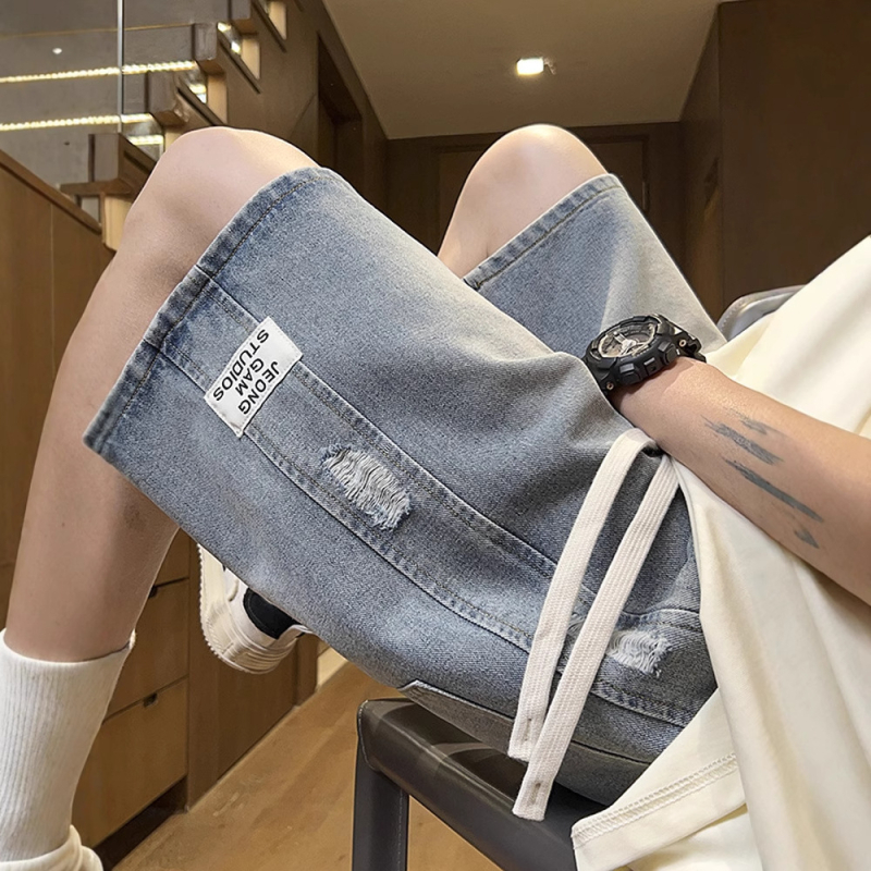 Șorturi denim bărbați 2025 vară, subțiri, uzate, lungime medie, croială lejeră, drept