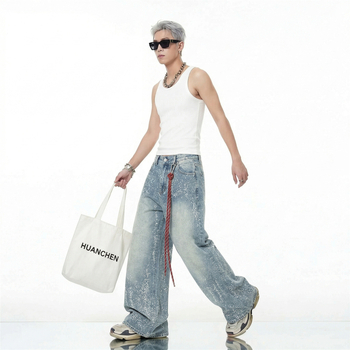Jeansi pentru bărbați, stil american, cu strasuri, model cu stele, croială dreaptă spre wide-leg, streetwear modern