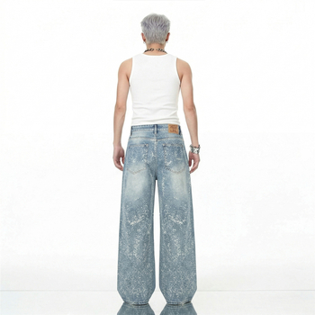 Jeansi pentru bărbați, stil american, cu strasuri, model cu stele, croială dreaptă spre wide-leg, streetwear modern