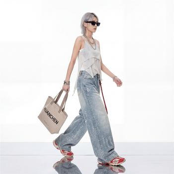 Jeansi pentru bărbați, stil american, cu strasuri, model cu stele, croială dreaptă spre wide-leg, streetwear modern