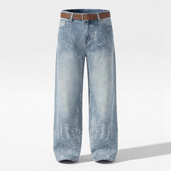 Jeansi pentru bărbați, stil american, cu strasuri, model cu stele, croială dreaptă spre wide-leg, streetwear modern
