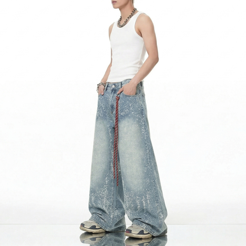 Jeansi pentru bărbați, stil american, cu strasuri, model cu stele, croială dreaptă spre wide-leg, streetwear modern