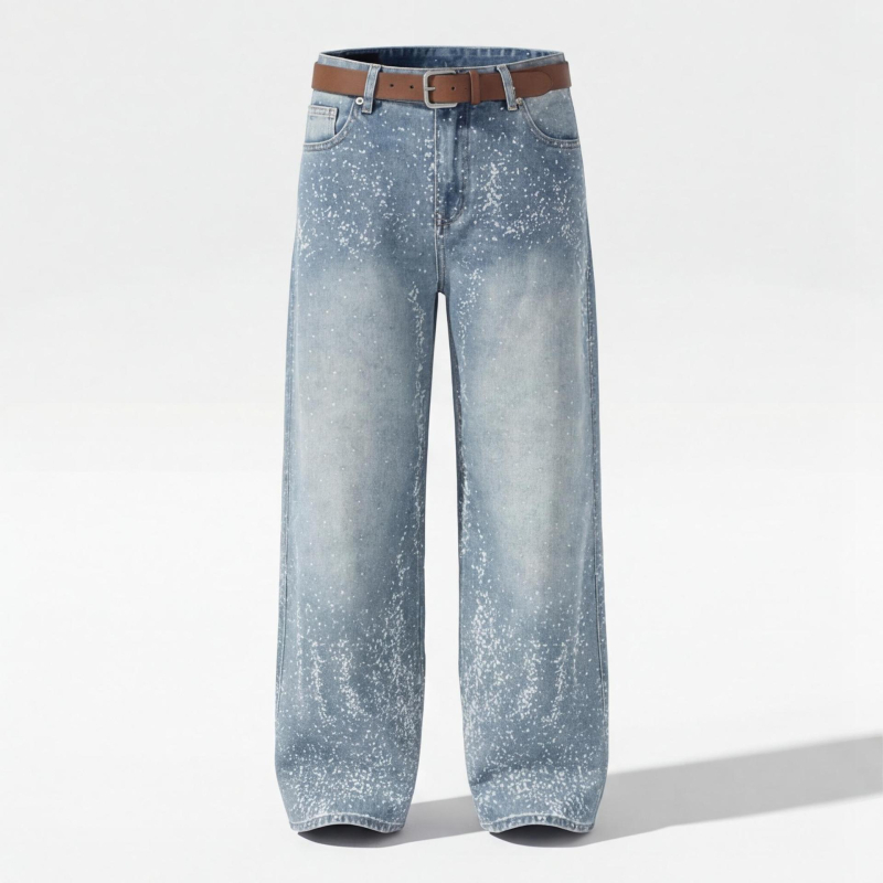 Jeansi pentru bărbați, stil american, cu strasuri, model cu stele, croială dreaptă spre wide-leg, streetwear modern