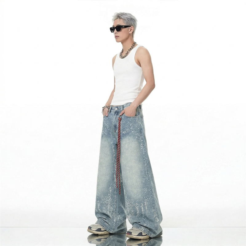 Jeansi pentru bărbați, stil american, cu strasuri, model cu stele, croială dreaptă spre wide-leg, streetwear modern
