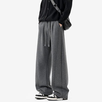 Pantaloni casual din fleece pentru bărbați, talie medie, șnur, culoare solidă, croială dreaptă