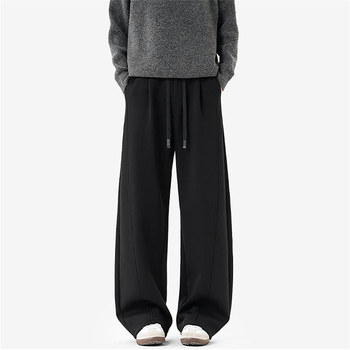 Pantaloni casual din fleece pentru bărbați, talie medie, șnur, culoare solidă, croială dreaptă