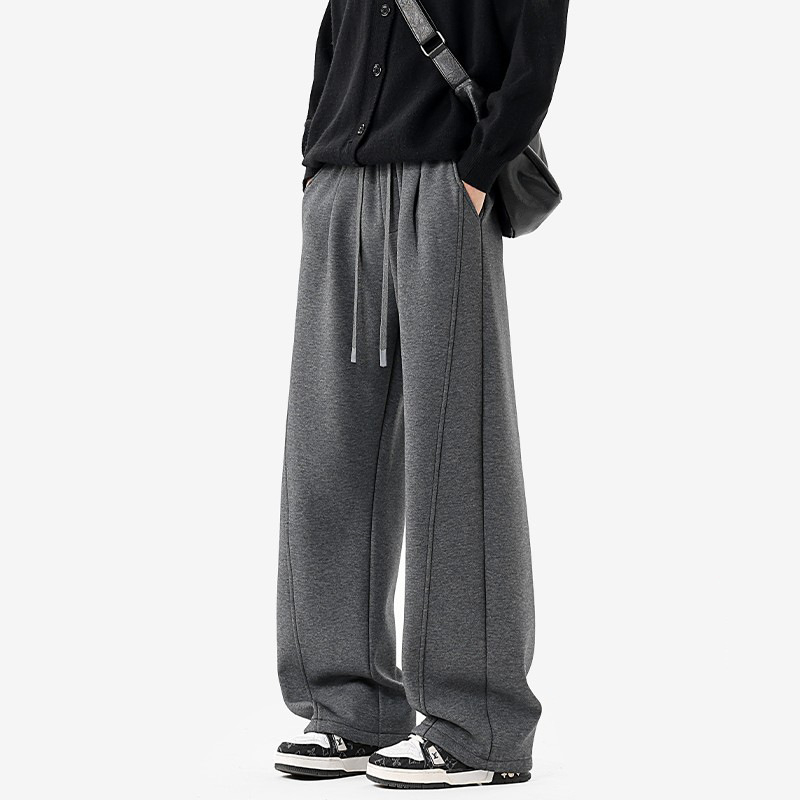 Pantaloni casual din fleece pentru bărbați, talie medie, șnur, culoare solidă, croială dreaptă