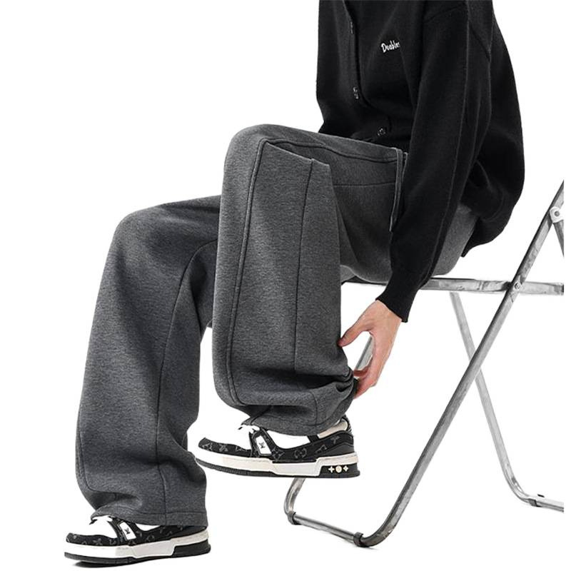 Pantaloni casual din fleece pentru bărbați, talie medie, șnur, culoare solidă, croială dreaptă