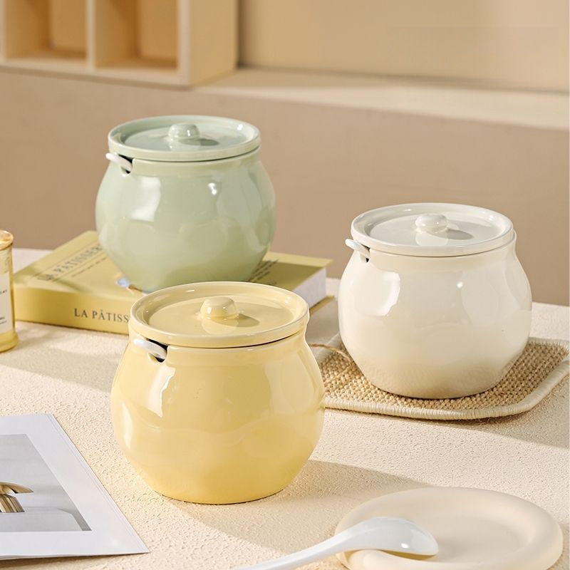 Borcan ceramic pentru untură cu capac, rezistent la temperaturi înalte, capacitate mare de depozitare, recipient pentru condimente de bucătărie și sare, set de 2 piese cu lingură