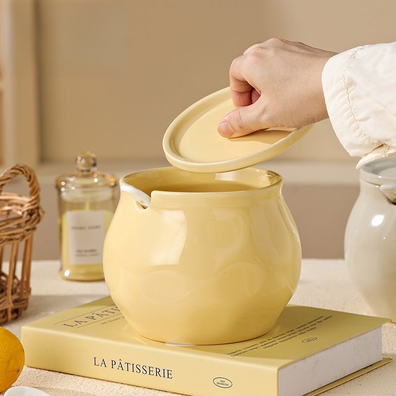Borcan ceramic pentru untură cu capac, rezistent la temperaturi înalte, capacitate mare de depozitare, recipient pentru condimente de bucătărie și sare, set de 2 piese cu lingură