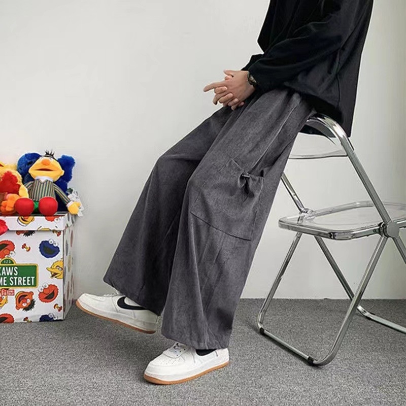Pantaloni de lucru în stil japonez pentru bărbați din Corduroy — dungate, talie medie, închidere cu șnur, croială dreaptă lejeră