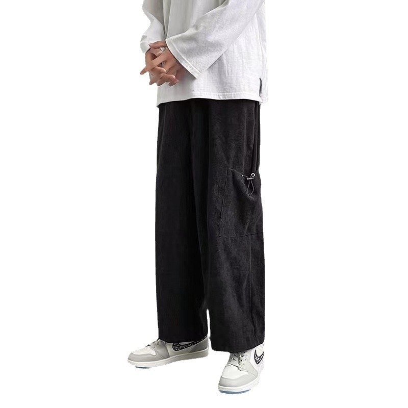 Pantaloni de lucru în stil japonez pentru bărbați din Corduroy — dungate, talie medie, închidere cu șnur, croială dreaptă lejeră