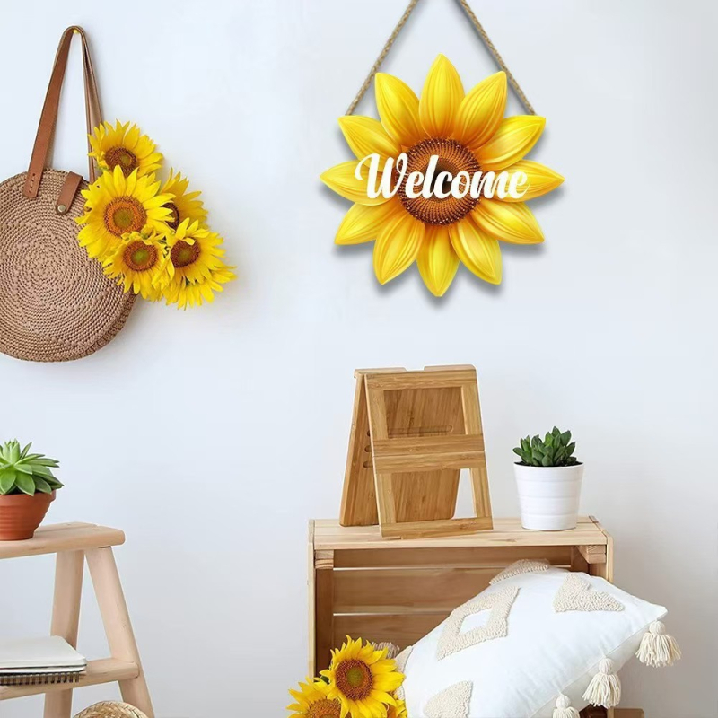 Placă decorativă din lemn cu floarea-soarelui, accesoriu de casă drăguț, semn de bun-venit