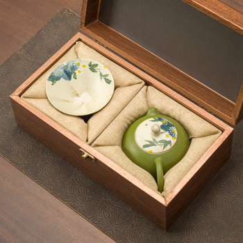 Set de ceai ceramic cu glazură subglazură, motiv margaretă verde mandarină, ceainic Xishi, 1 ceainic și 2 căni în cutie cadou
