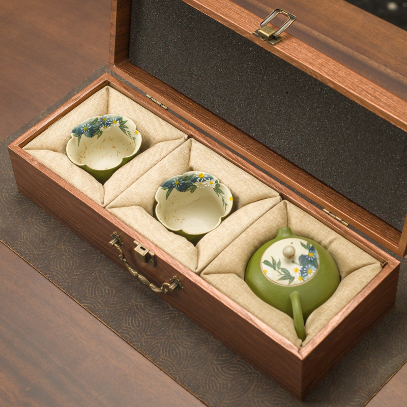 Set de ceai ceramic cu glazură subglazură, motiv margaretă verde mandarină, ceainic Xishi, 1 ceainic și 2 căni în cutie cadou