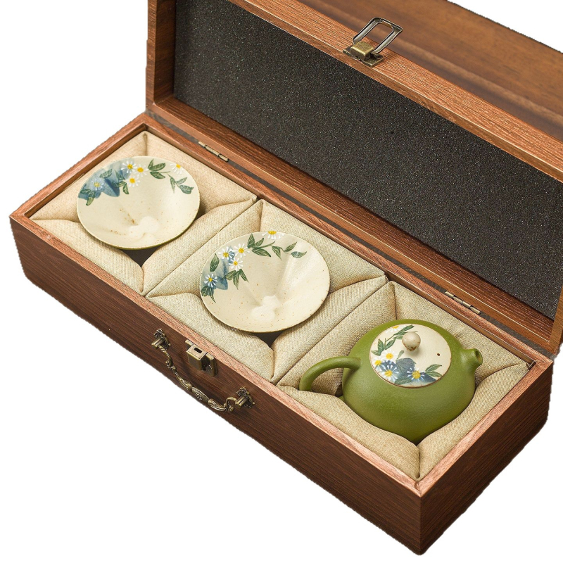 Set de ceai ceramic cu glazură subglazură, motiv margaretă verde mandarină, ceainic Xishi, 1 ceainic și 2 căni în cutie cadou