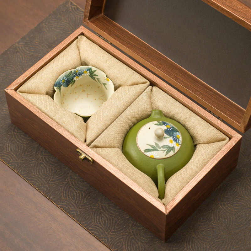 Set de ceai ceramic cu glazură subglazură, motiv margaretă verde mandarină, ceainic Xishi, 1 ceainic și 2 căni în cutie cadou