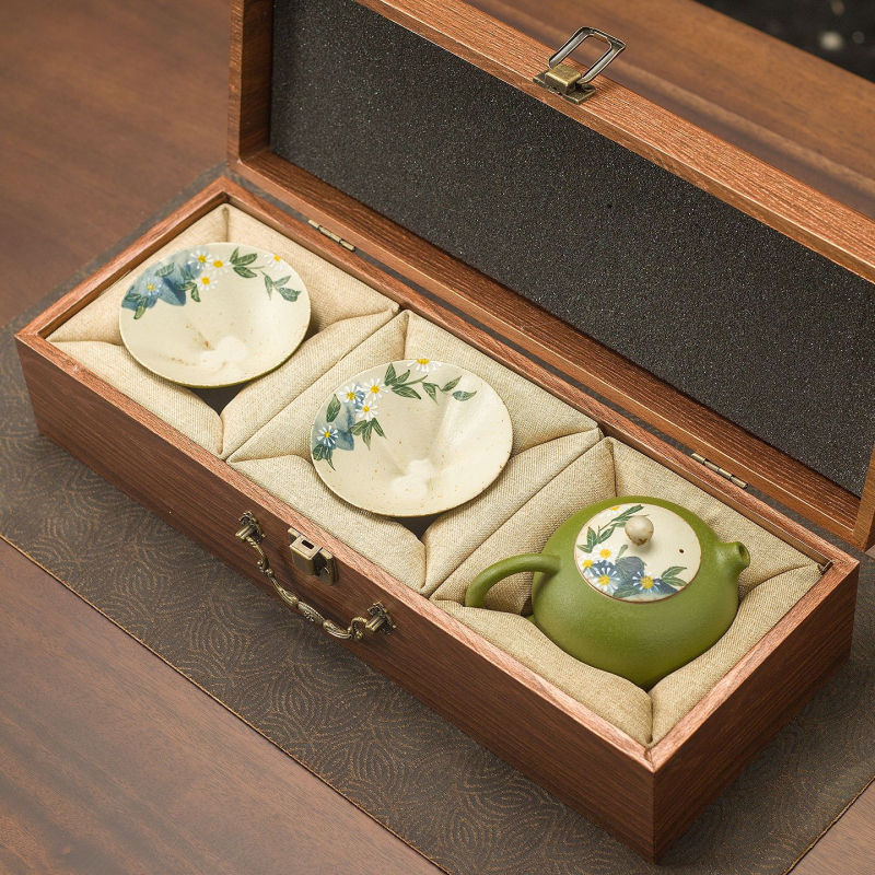 Set de ceai ceramic cu glazură subglazură, motiv margaretă verde mandarină, ceainic Xishi, 1 ceainic și 2 căni în cutie cadou