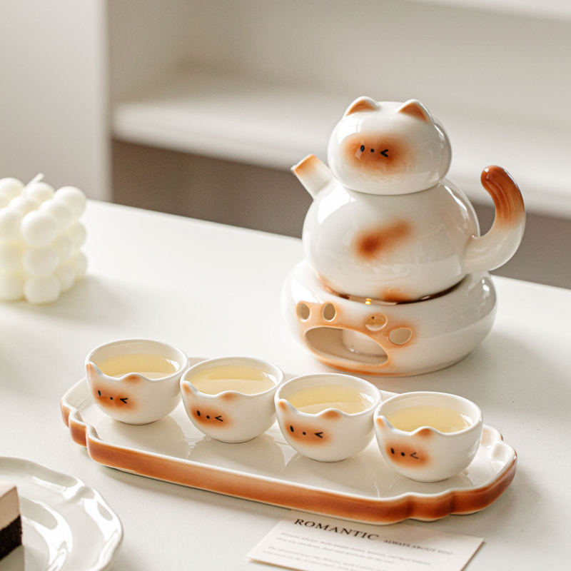 Set ceai ceramic cu pisică Siamiană: ceainic, cești și tavă de servire – cutie cadou, pentru 2 persoane