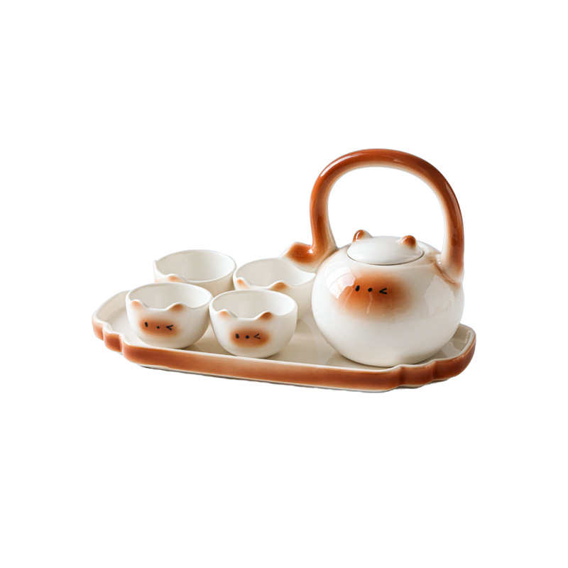 Set ceai ceramic cu pisică Siamiană: ceainic, cești și tavă de servire – cutie cadou, pentru 2 persoane
