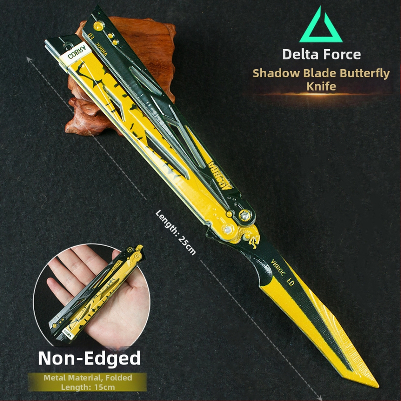 Zbraň Triangle Z Action Model Shadow Edge, motýlí nôž a kovový stojan