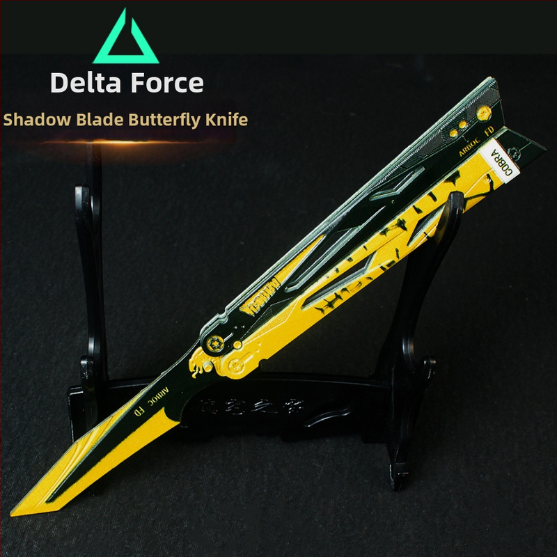 Zbraň Triangle Z Action Model Shadow Edge, motýlí nôž a kovový stojan