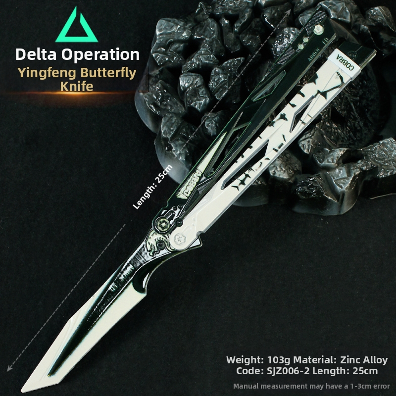 Zbraň Triangle Z Action Model Shadow Edge, motýlí nôž a kovový stojan